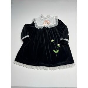 BONNIE JEAN Black Velvet Flower Bow Dress Smocked Sz 6 Lace